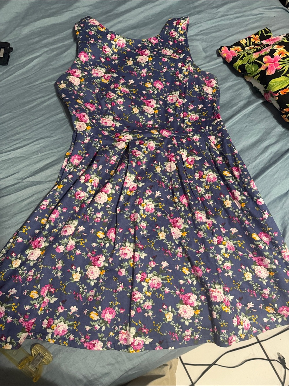 Say What? Navy Floral Sleeveless Fit-and-Flare Dress with Pink Blooms
